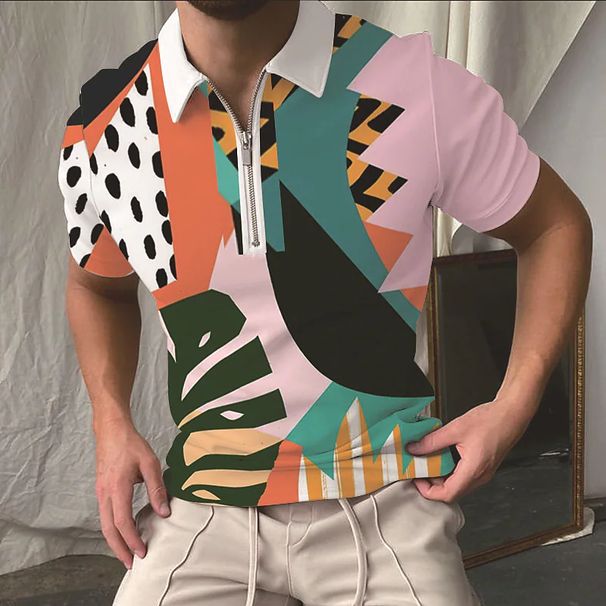 2023 New 3D printed pattern lapel short sleeve plaid print daily men's casual loose lapel shirt_voghion.com