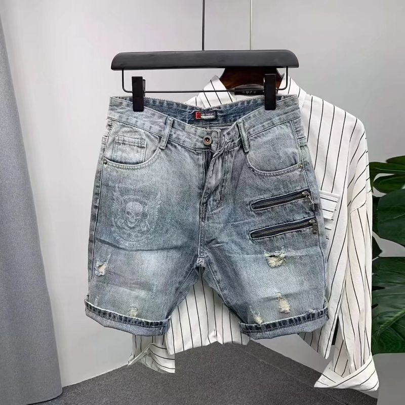 Abbigliamento da uomo Pantaloncini da lavoro giapponesi retrò estivi lavati pesanti e in difficoltà, pantaloncini di jeans dritti larghi da uomo, pantaloncini alla moda_voghion.com