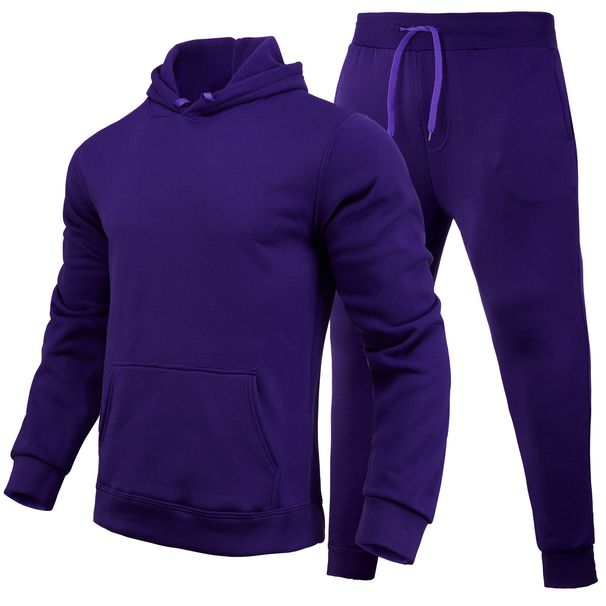 Men's Clothing Leisure Blank Solid Color Set Fleece Loose Sweatpants Two-piece Set_voghion.com