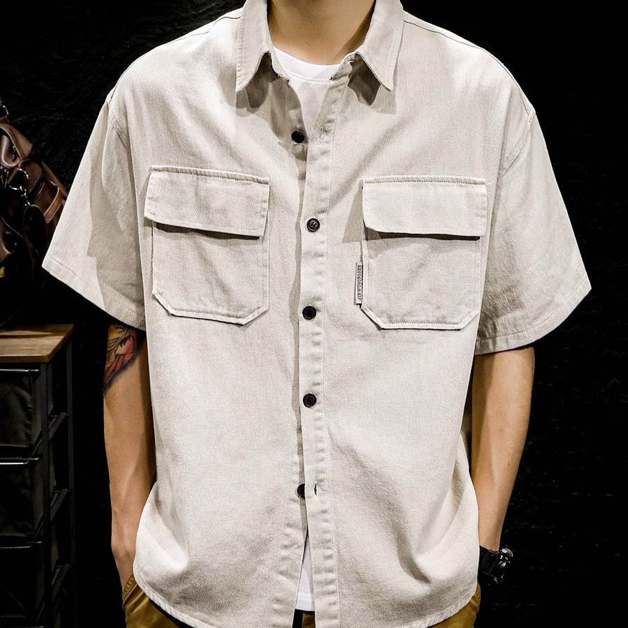 Abbigliamento da uomo taglie forti, camicia a maniche corte, giacca casual ampia con due tasche._voghion.com