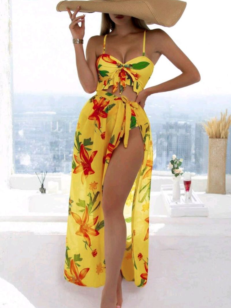 Ensemble bikini à volants pour femme avec jupe portefeuille, maillot de bain 3 pièces à bonnets souples pour la plage d'été, liens réglables, imprimé floral, taille haute, cache-maillot inclus_voghion.com
