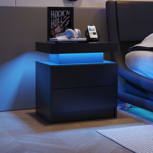 Comodino a LED con luci, comodino moderno con 2 cassetti per camera da letto (nero)_voghion.com