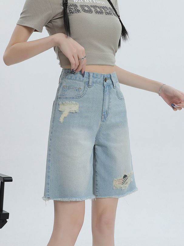 Women's Clothing Ripped Small High Waist Wide Leg Shorts Jeans Women_voghion.com