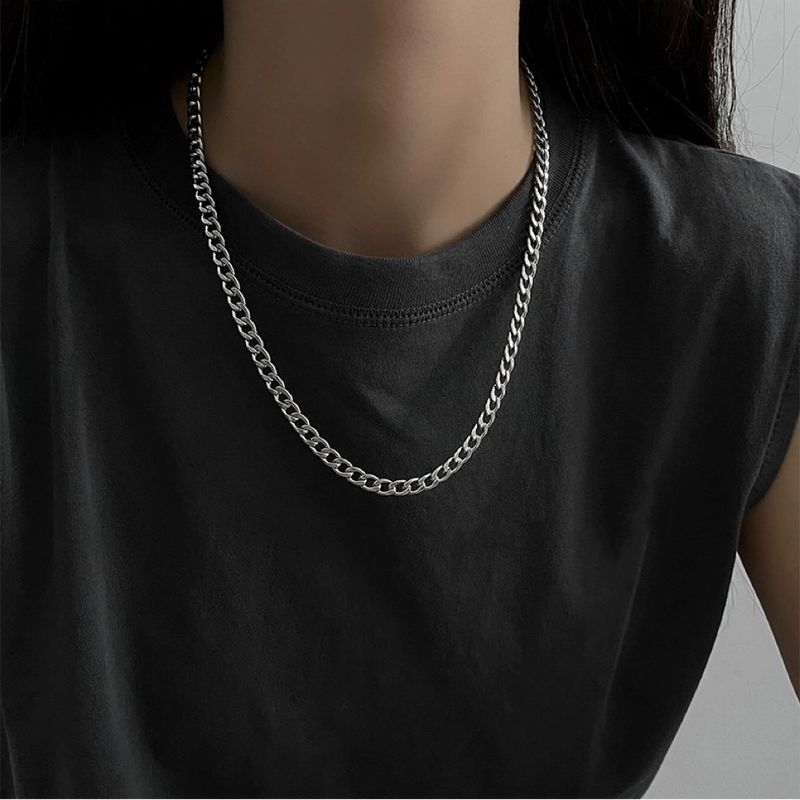 Minimalist Hip-Hop Style Double Layer Titanium Steel Non-Fading Cuban Necklace Unisex Versatile Niche Basic Plain_voghion.com