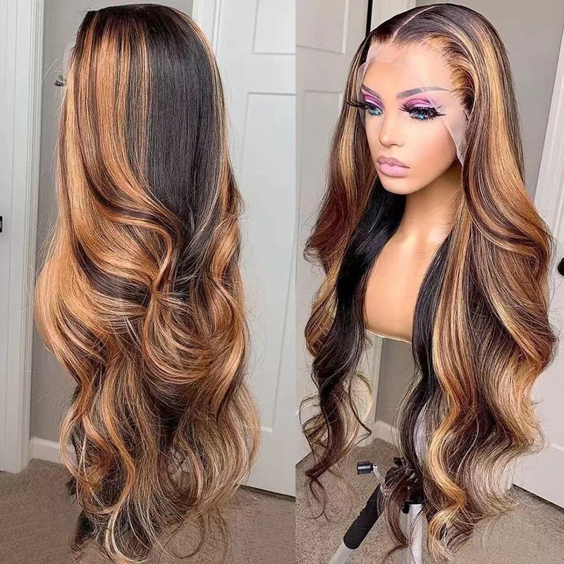  parrucca delle signore parrucca lunga dei capelli ricci pianoforte copricapo del merletto di colore Highlight Parrucca del merletto 13*4_voghion.com