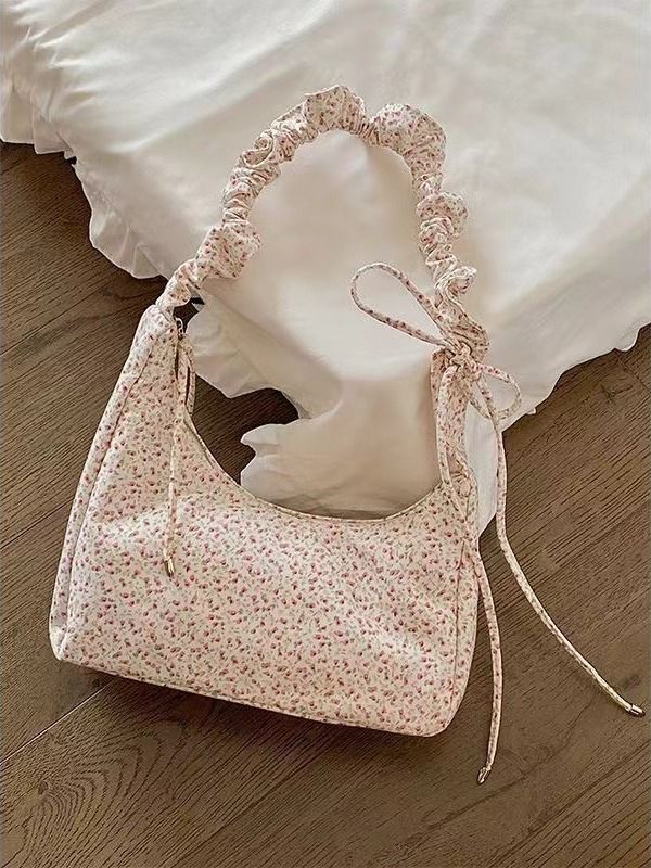 Gentle Sweet Fragmented Flower Canvas for Women 2024 New Drawstring Shoulder Bag, Small and High Appearance Versatile_voghion.com