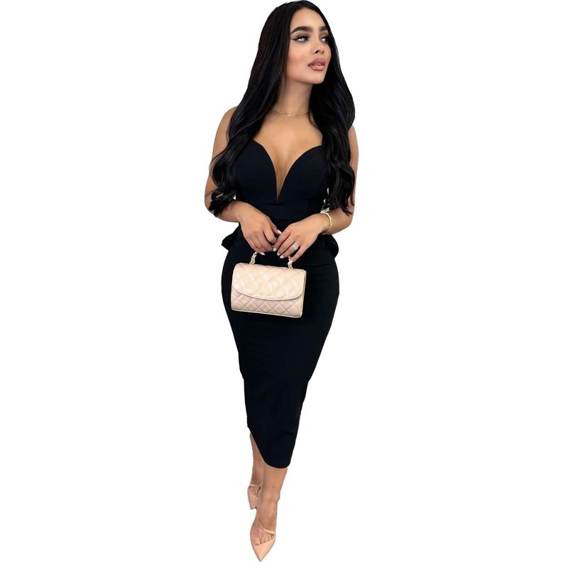 Women's solid color bag hip backless deep V bow elastic split dress_voghion.com