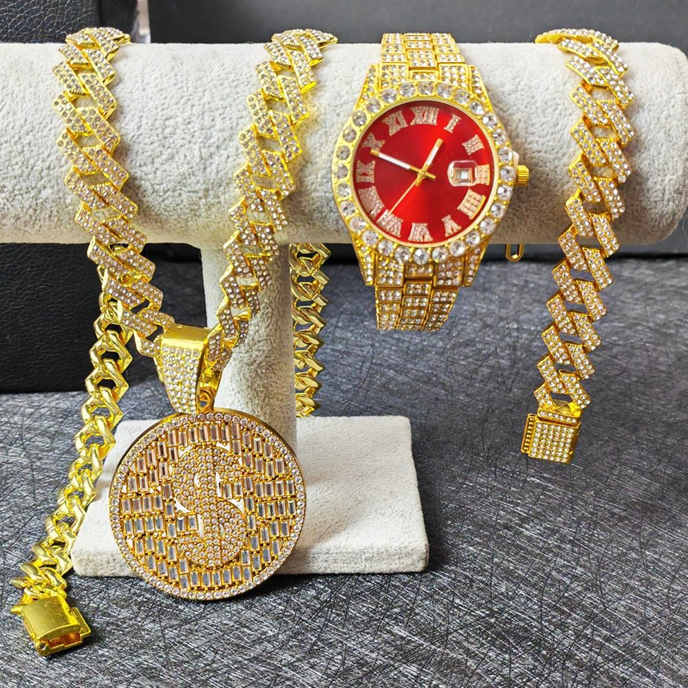 Küba Zincir Büyük Kolye Hip Hop Tarzı Renkli Elmas Saat Seti Bilezik Kolye LCD Ekranlı Saat_voghion.com
