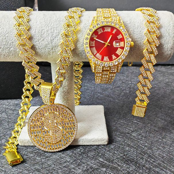Küba Zincir Büyük Kolye Hip Hop Tarzı Renkli Elmas Saat Seti Bilezik Kolye LCD Ekranlı Saat_voghion.com