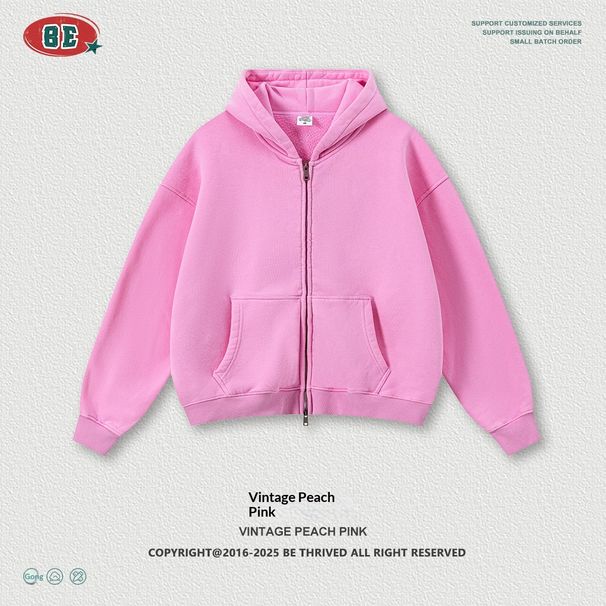 BE Men's Clothing|2025 European And American Retro Washed Vintage Boxy Fit Fleece-Lined Hooded Sweatshirt Double-Zip_voghion.com