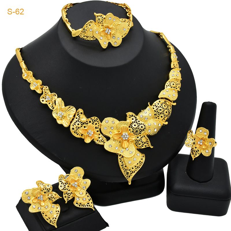 Goldschmuckset Damen Hochzeit Halskette Ohrringe Ring Armband 4-teiliges Set_voghion.com