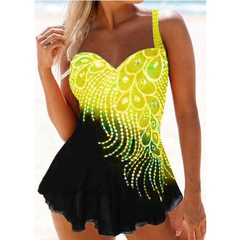  Costume da bagno diviso sexy slim da donna con stampa piume a contrasto e cuciture a contrasto_voghion.com