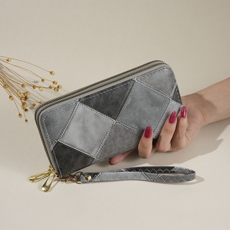 Cartera para mujer, tarjetero, de piel, con bloques de color, estilo retro, con doble cremallera, gran capacidad, tipo clutch, moderna, con ranuras para múltiples tarjetas, para teléfono móvil._voghion.com