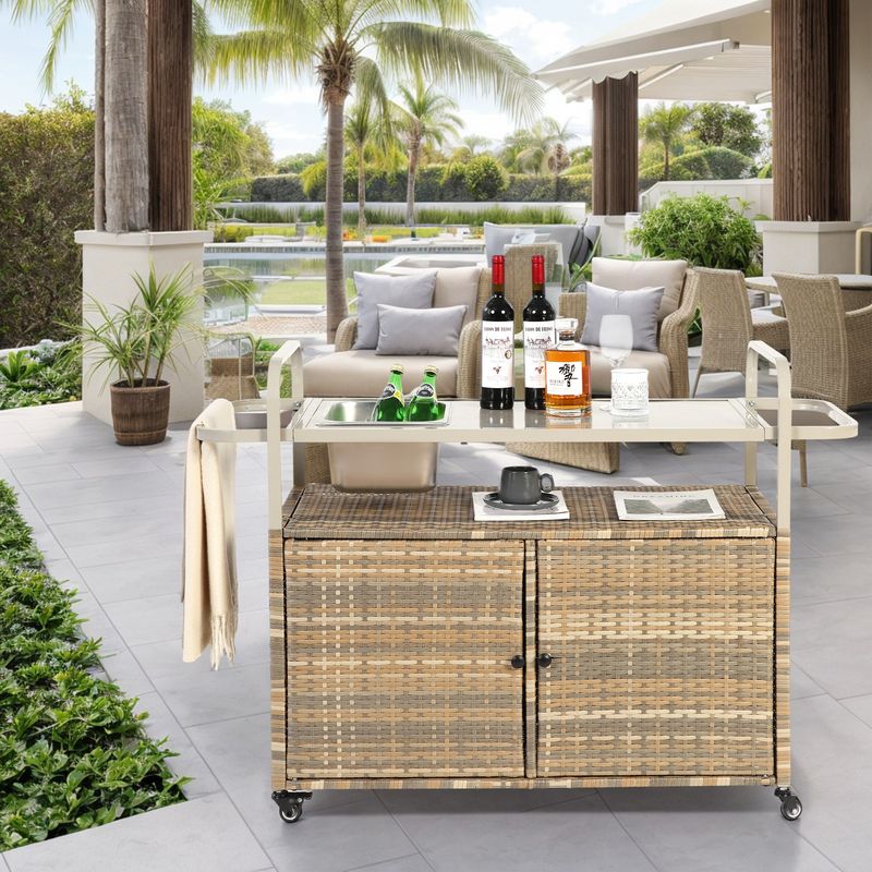 Outdoor Bar Table, Wicker Bar Cart With Cabinet, Patio Serving Cart With Steel Top, With One Ice Bucket,Lockable Wheels, Side Basket For Garden, Poolside & Backyard, Beige_voghion.com