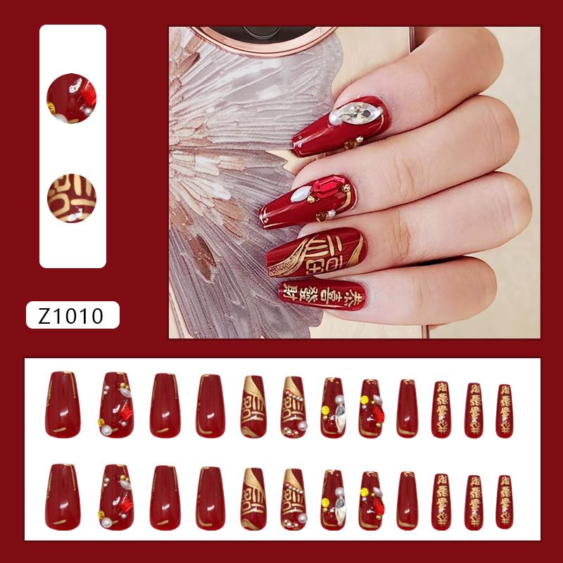 Schönheit & Gesundheit Burgunderrote Diamant-Silberbohnen, blinkender Neujahrssegen, viel Glück und Reichtum, Nagelkunst im Ins-Stil, abnehmbare Nagelkunst, 24 Stück_voghion.com