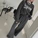 Korean Chic Winter Set – Oversized Letter Print Sweatshirt & High-Waist Drawstring Pants (XL, Charcoal Grey)_voghion.com