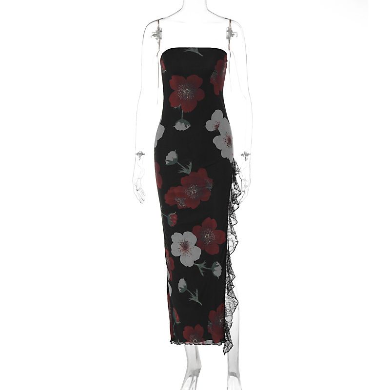 Damenbekleidung Sommer neue Mode bedruckte Spitze Spleißen eingewickelte Brust rückenfreies Schlitzkleid_voghion.com