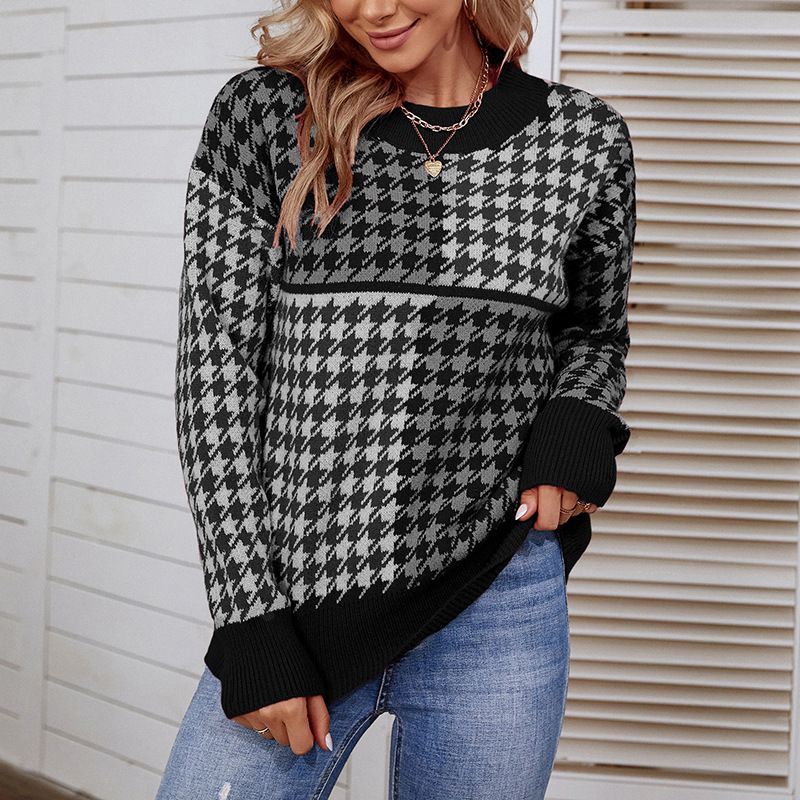 Round Neck Leopard Jacquard Casual Pullover Sweater_voghion.com