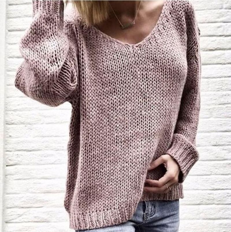 Damen-Pullover mit V-Ausschnitt, gestrickt, locker, einfarbig, modisch_voghion.com
