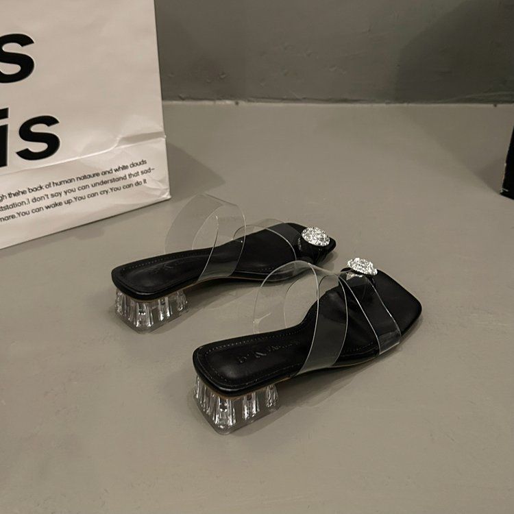 Sandali da donna con punta quadrata e cristalli - Tacco a blocco trasparente e cinturino regolabile alla caviglia (Tacco da 3,5", Eleganti per l'estate)_voghion.com