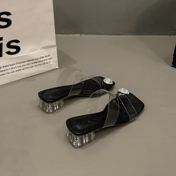 Sandali da donna con punta quadrata e cristalli - Tacco a blocco trasparente e cinturino regolabile alla caviglia (Tacco da 3,5", Eleganti per l'estate)_voghion.com