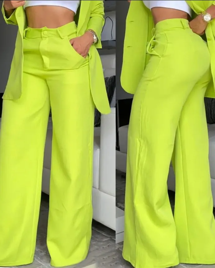Costume élégant à revers fendus de couleur unie pour femme avec poches et pantalon à jambe droite, costume deux pièces (sans gilet)_voghion.com