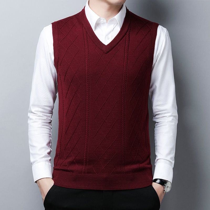 Herbst und Winter Neue Herren Wollpullover Strickweste Weste Lässige Weste Mittleren Alters Einfarbig V-Ausschnitt Vielseitige Weste_voghion.com