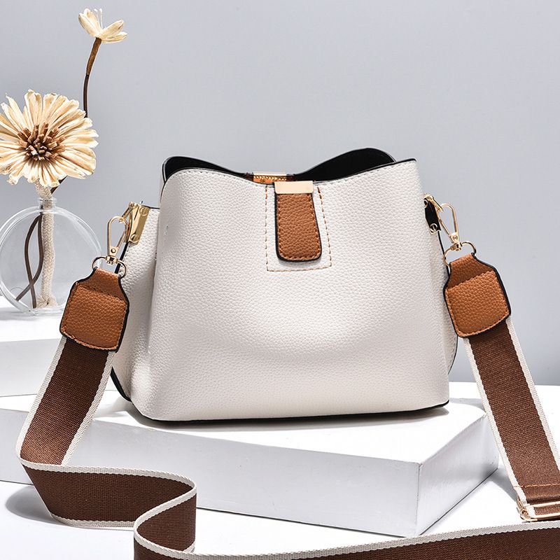Simple and casual lychee pattern bucket bag trendy contrast color shoulder messenger bag trend_voghion.com