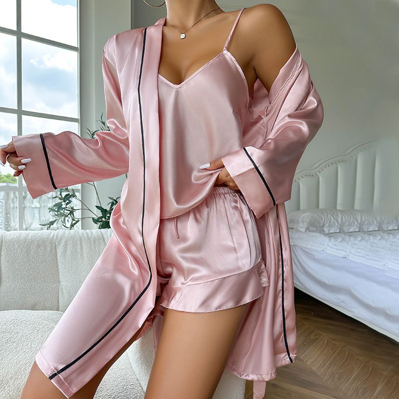 Pijamale Danilin din mătase de gheață pentru femei, pantaloni scurți cu bretele, set de trei piese pijamale, confortabile vara și pot fi purtate afară _voghion.com