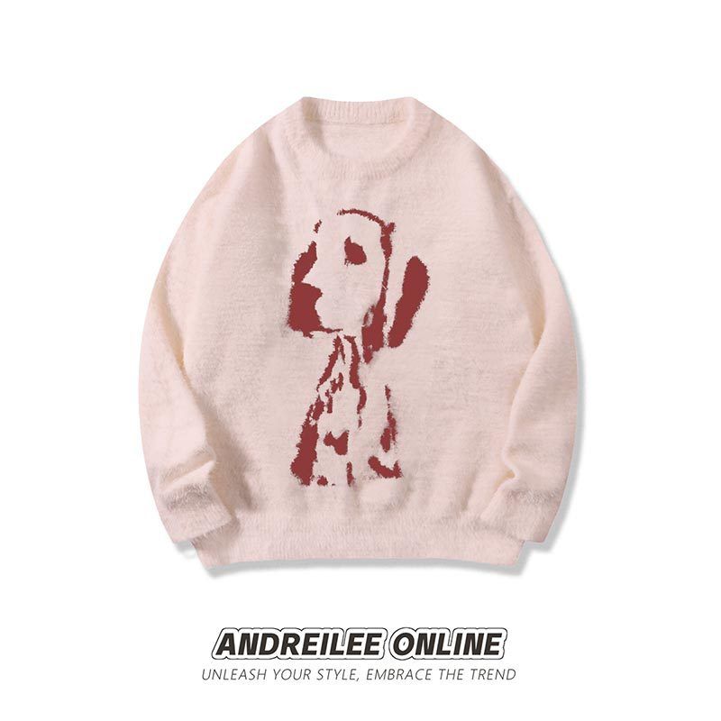 Men's Retro Streetwear Sweater With Embroidered Puppy Design - Soft Knit Crewneck Pullover For Casual Fall Outfits_voghion.com