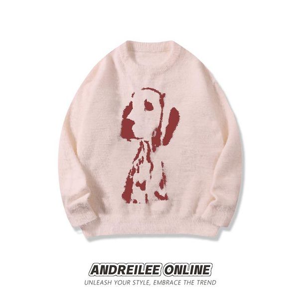 Men's Retro Streetwear Sweater With Embroidered Puppy Design - Soft Knit Crewneck Pullover For Casual Fall Outfits_voghion.com