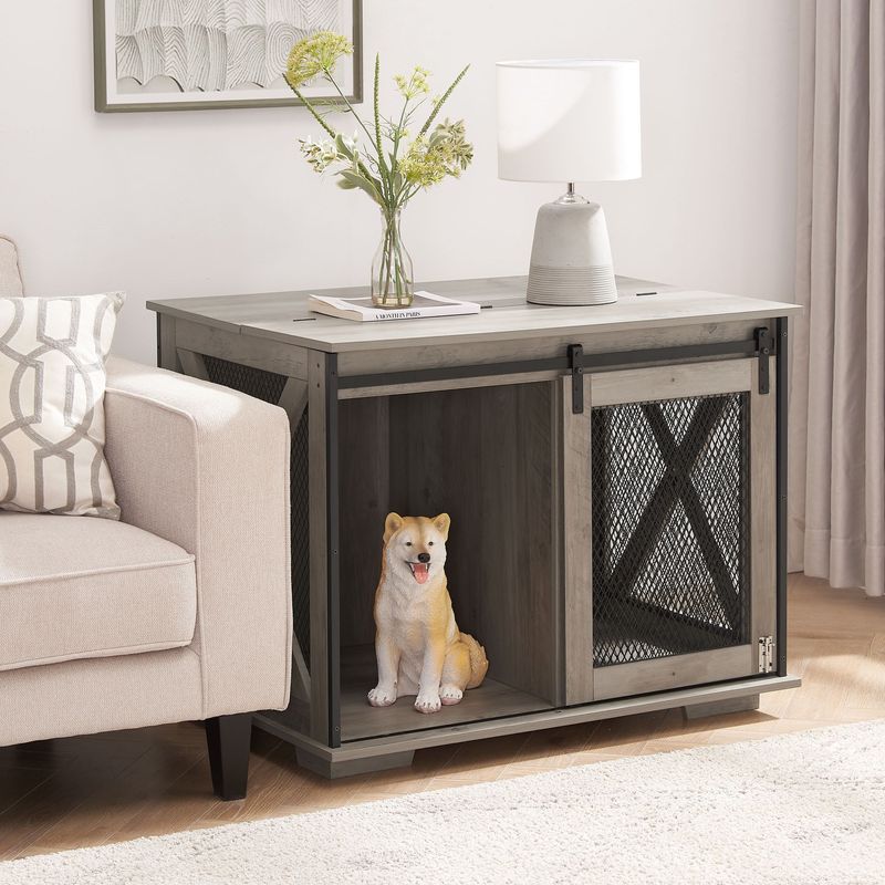 Farmhouse Dog Cage Crate Furniture With Sliding Barn Door, Farmhouse Wooden Dog Kennel End Table With Flip-top Plate Dog House With Detachable Divider For Small/Medium/Large Dog White_voghion.com