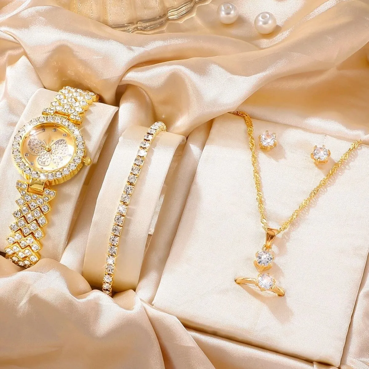 Sieviešu pulksteņi Gadi Dāmas Jauns 5gab./komplekts Nišas Rhinestone Butterfly tērauda josla Pulkstenis Auskari Kaklarota Rokassprādze Gredzenu Komplekts_voghion.com