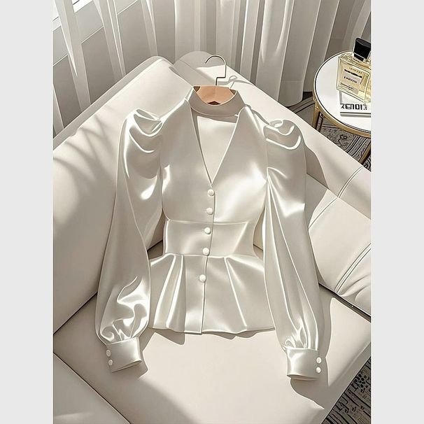 Damenbekleidung Kleines Hemd High End Sense Light Luxury Altersreduzierende Taille Weißes Satin Langarmhemd_voghion.com