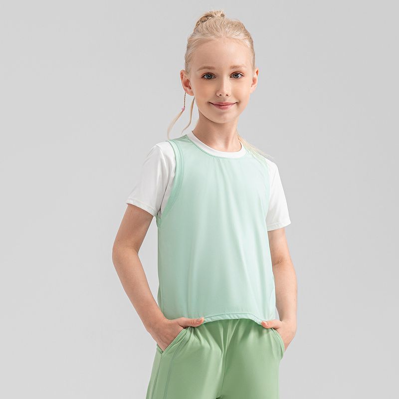 Camiseta de yoga holgada para niñas, de hilo fino 30D, color piel, ligera, transpirable, para correr, de dos piezas, deportiva, de manga corta_voghion.com