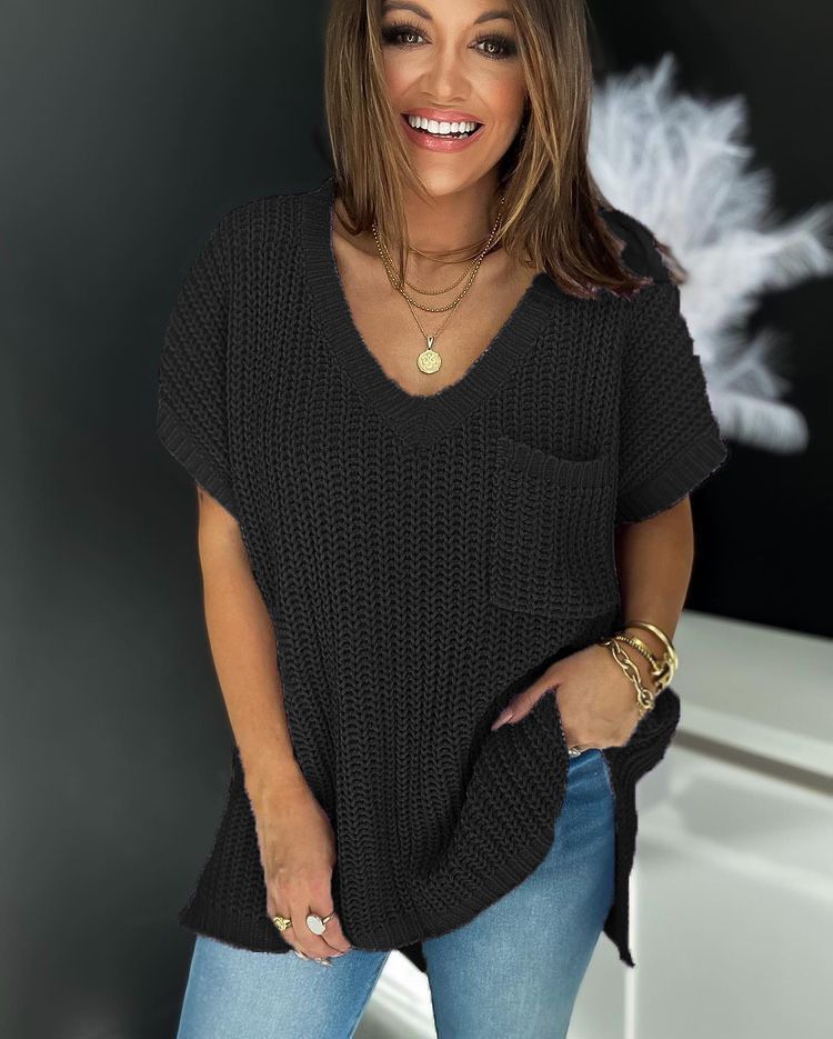 Damenbekleidung, Sommer, neu, V-Ausschnitt, gestrickt, kurzärmelig, Wolle, locker, große Größe_voghion.com