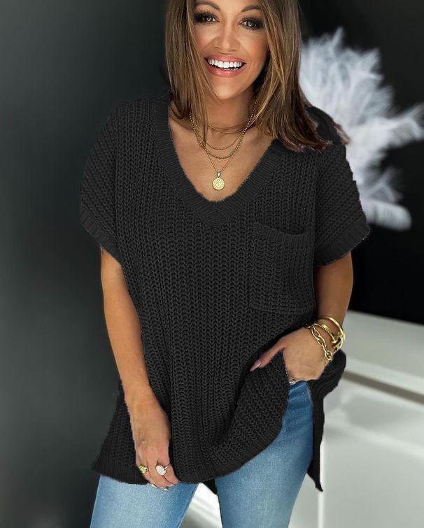 Damenbekleidung, Sommer, neu, V-Ausschnitt, gestrickt, kurzärmelig, Wolle, locker, große Größe_voghion.com