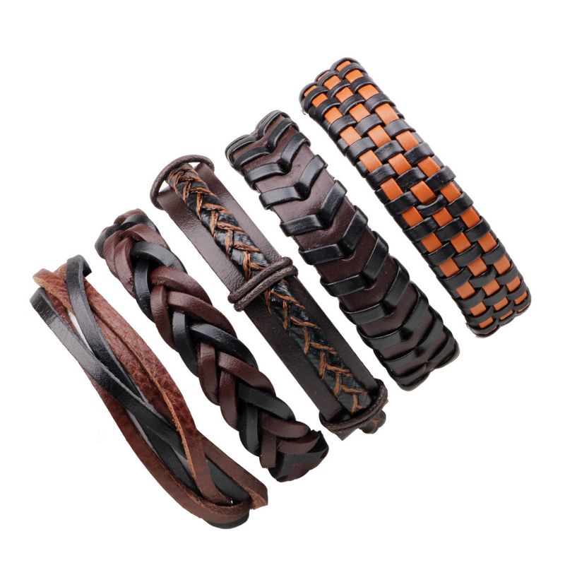 Pulsera tejida de cuero genuino personalizada de cinco piezas con múltiples combinaciones de artesanías, populares_voghion.com