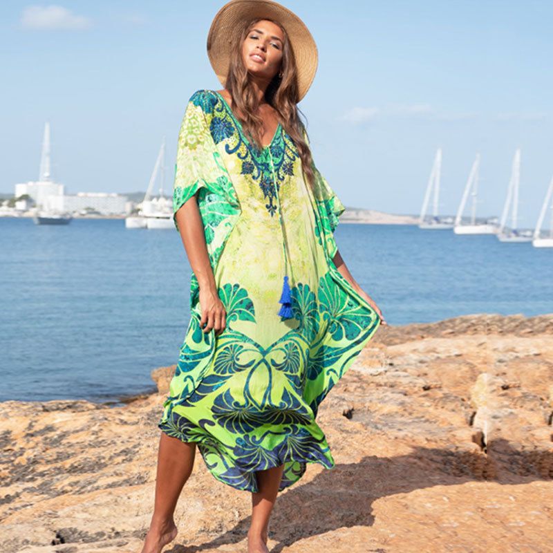 Odzież damska Bawełna Drukowane Bikini z Wiskozą, Narzutka Kimono, Sukienka Plażowa, Bikini, Narzutka na Kostium Kąpielowy, Kwiatowy Luźny Długi Szlafrok_voghion.com