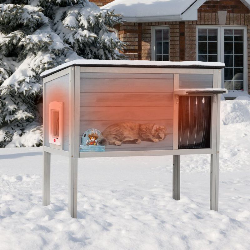 Outdoor Insulated Cat House, Wood Pet House W/ High Legs, Doors, Openable Roof, Weatherproof, Cat Animal Shelter For Winter, Gray_voghion.com