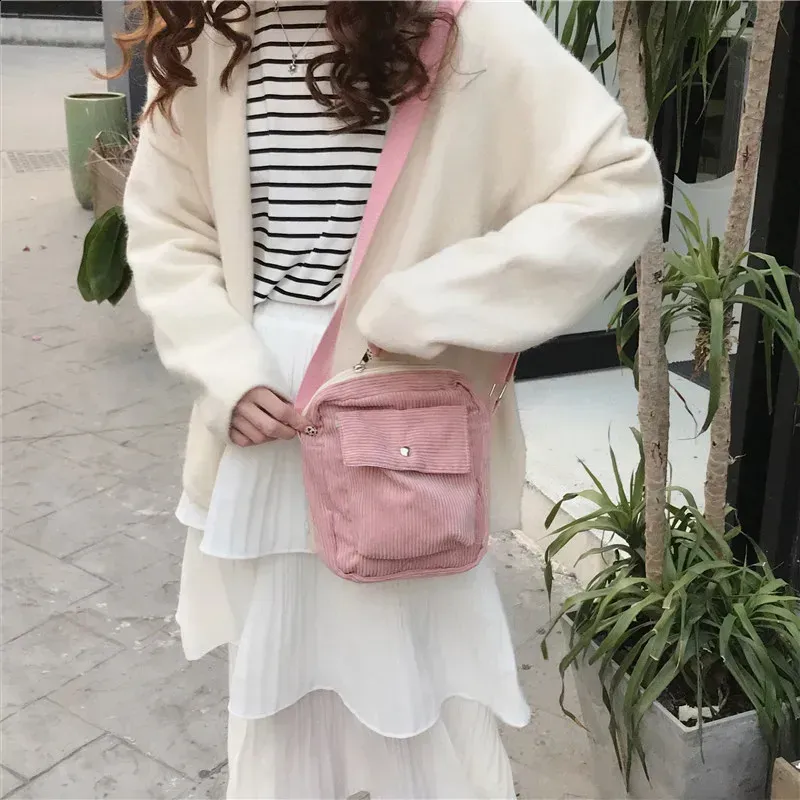 Borsa a tracolla con patta in velluto a coste da donna, fodera in tela, graziosa piccola borsa a tracolla, borsa a tracolla con cerniera in tessuto a righe_voghion.com