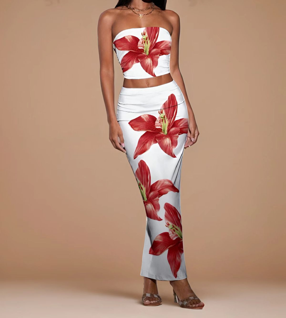 Ropa de mujer, moda, estampado floral, multicolor, temperamento, corte entallado, top de tubo, falda larga a la cadera, traje_voghion.com