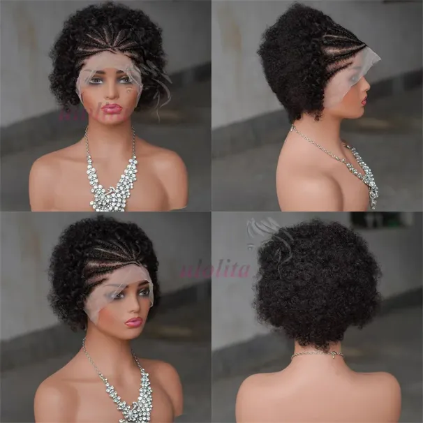 Super Double Drawn 210% Density Highlight 13x4 Lace Front Braided Wig Afro Explosive Head Human Hair Korte Krullende Pruik Voor Vrouwen_voghion.com