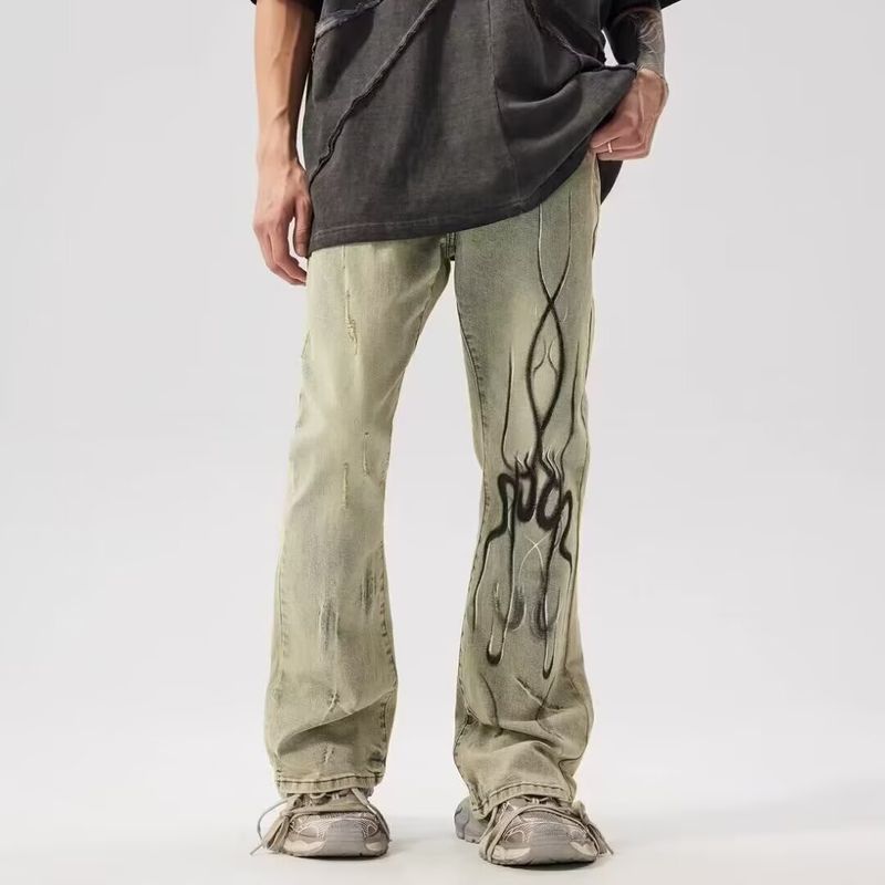 American High Street Washed Old Retro Flared Jeans Men's Flame Afterimage Slim Mopping Casual Pants Trendy_voghion.com