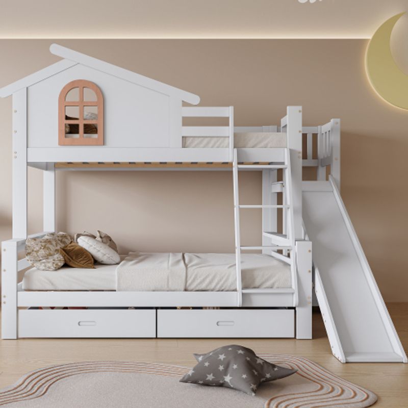 Etagenbett Mit Charakteristischen Fenstern Und Vierstufiger Kipptreppe, Kinder Und Mutterbett Mit Mit Rutsche, Mit Zwei Schubladen, Bettrahmen Aus Massivholz, Weiß, 90x200 & 120x200cm_voghion.com