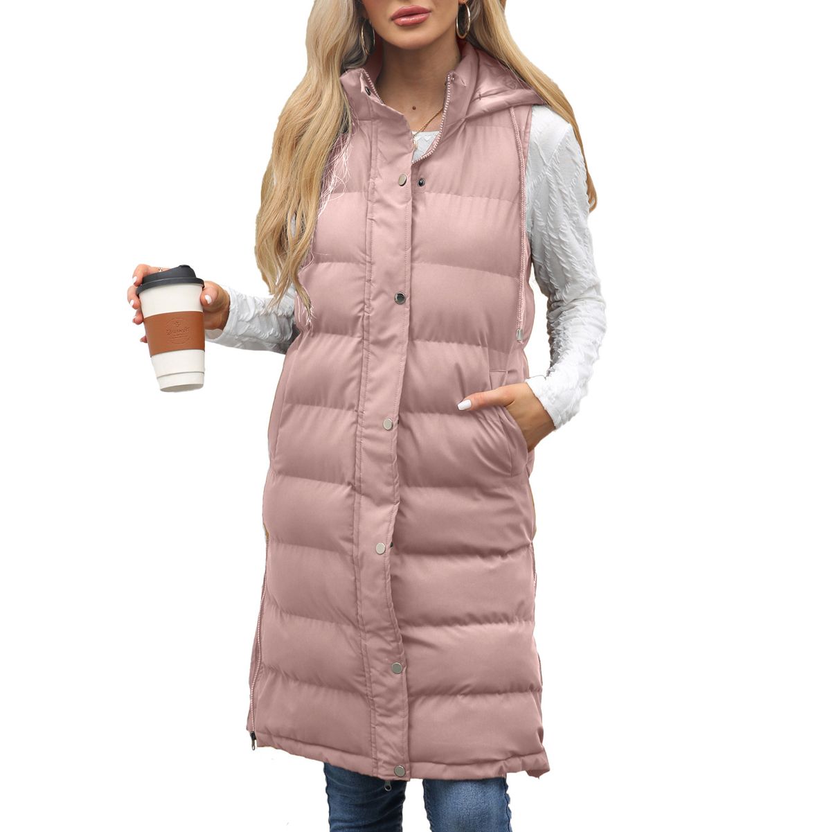 Gilet lungo senza maniche con cappuccio e cerniera frontale da donna, giacca imbottita trapuntata per l'inverno, capospalla casual in tinta unita_voghion.com