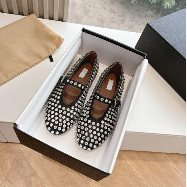 High version 2024 spring mesh one line buckle ballet shoes women's rhinestone flat shoes hollow fishnet Mary Jane single shoes_voghion.com