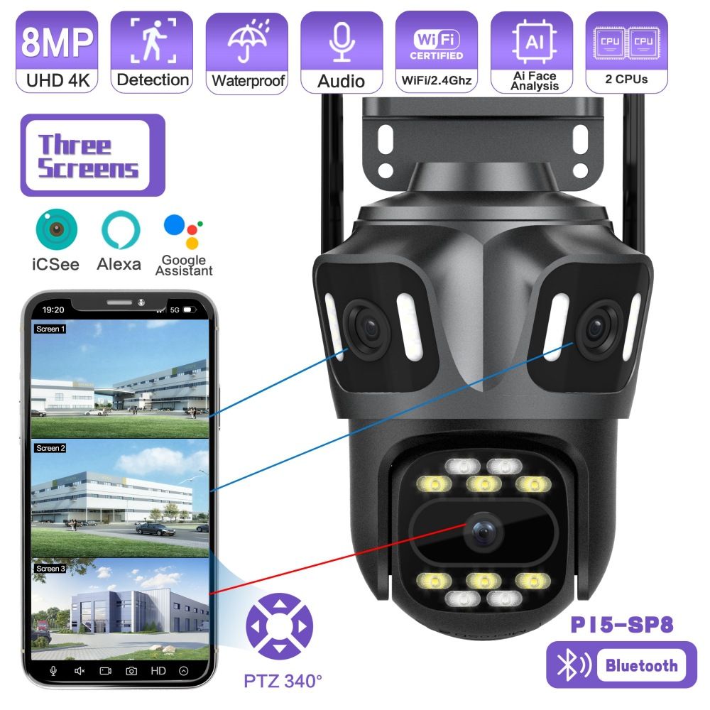 Icsee3 Eye Drie Schermen 8MP Draadloze WiFi HD Netwerkcamera Buiten Volledige Kleuren Mobiele Telefoon Afstandsbediening 360 Panoramisch Uitzicht_voghion.com