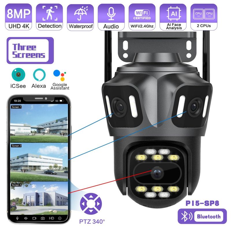 Câmera de rede sem fio Icsee3 Eye com três telas, 8MP, WiFi HD, para áreas externas, colorida, controle remoto para celular, visão panorâmica 360_voghion.com