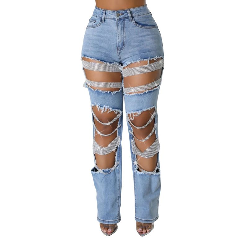 Damenbekleidung Hot Girl Sommerhosen Löcher Schwere Perlen Perlen Stretch Jeans Hosen Frauen Jeans_voghion.com